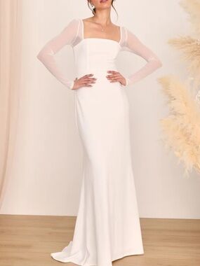 New Lulus Lovingly Elegant Cream Square Neck Long Sleeve Bridal Gown Sz Small